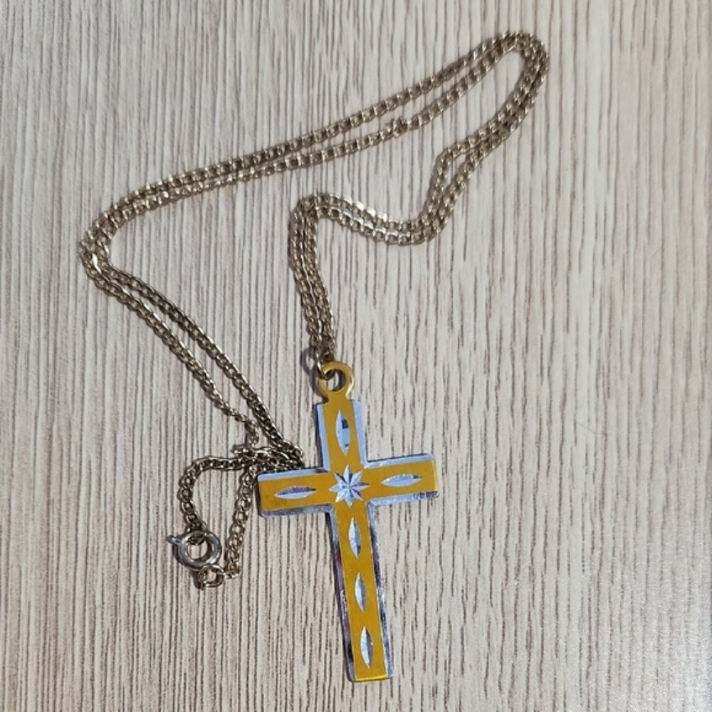 Goldtone With Silvertone Diamond Cut Cross Pendant Necklace